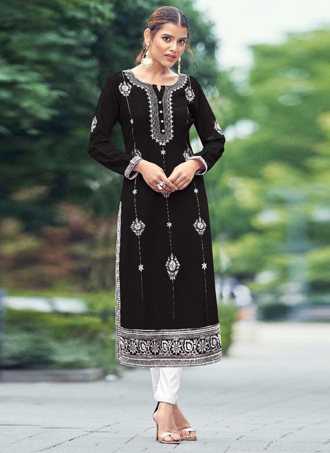 Rayon Viscose Black Casual Wear Embroidery Work Kurti With Pant